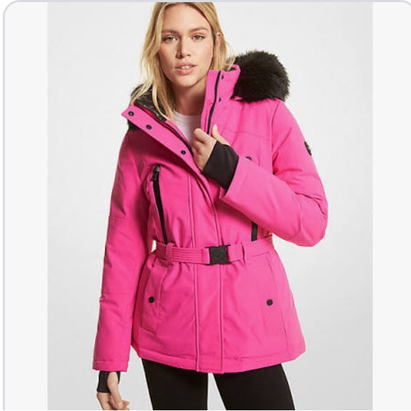 Michael Kors Winter Belted Puffed Coat With Fur Trim Hood